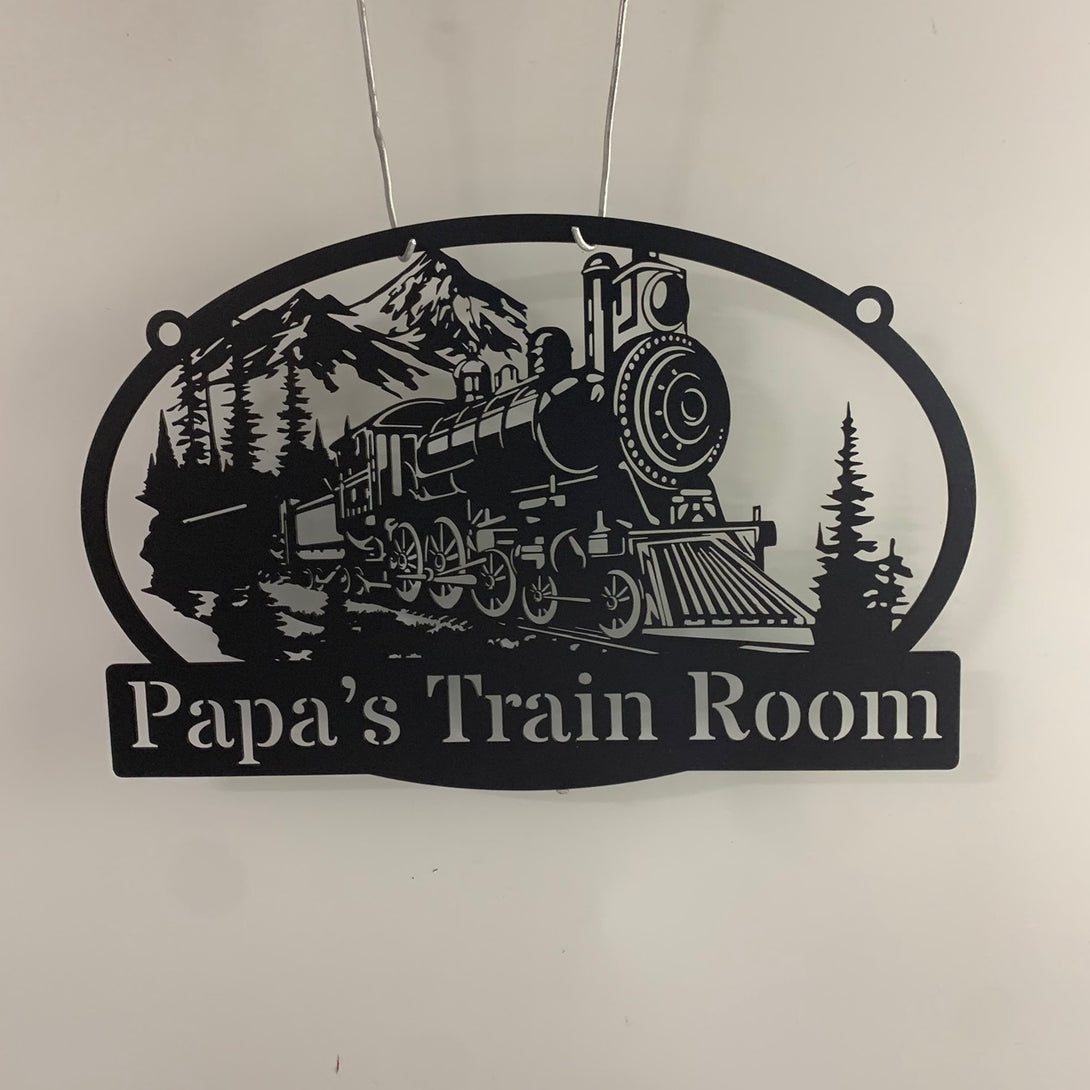 Personalized Forest Mountain Scene Train Metal Sign, Custom Steam Train Locomotive Metal Wall Art, Metal Powder Coated Train Room Sign