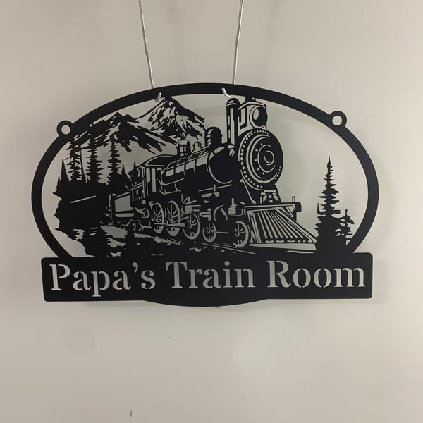 Personalized Forest Mountain Scene Train Metal Sign, Custom Steam Train Locomotive Metal Wall Art, Metal Powder Coated Train Room Sign