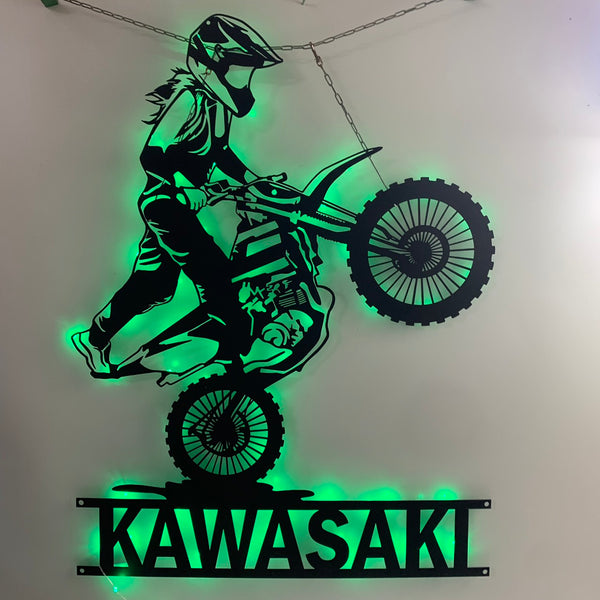 Custom Dirt Bike Metal Wall Art With Led Lights, Personalized Motocross Rider Metal Name Sign, Motorcycle Biker Metal Wall Led Decor