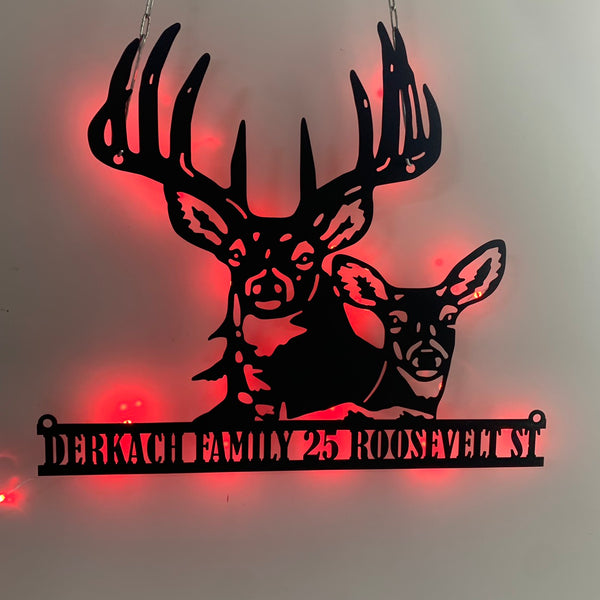 Custom Deer Address Metal Sign With Led Lights, Custom House Number Lounge Cabin Metal Wall Sign, Personalized Deer Family Name Metal Address Sign