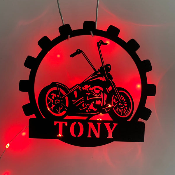 Custom Motorcycle Metal Wall Art With Led Lights, Personalized Motocross Rider Metal Name Sign, Mechanic Garage Metal Wall Led Decor