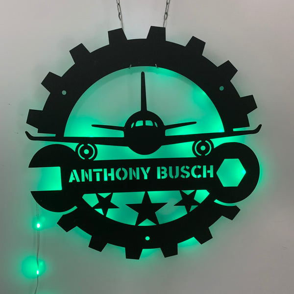 Custom Aircraft Monogram Metal Wall Art Led Light, Personalized Aircraft Mechanic Metal Name Sign, Machine Mechanic Man Cave Metal Sign