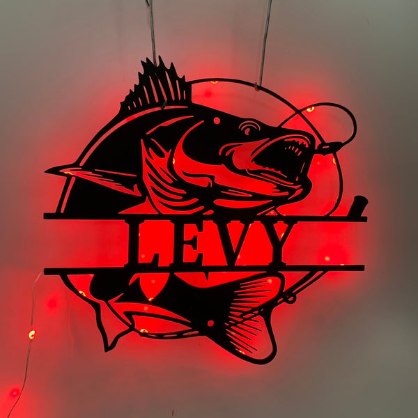 Custom Bass Fishing Metal Wall Art With Led Light, Personalized Fisherman Name Metal Sign, Large Mouth Bass Fish Lakehouske Metal Led Decor