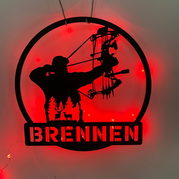 Custom Compound Bow Hunting Metal Wall Art Led Light, Personalized Bow Hunter Metal Name Sign, Bow Arrow Deer Hunting Man Cave Metal Sign