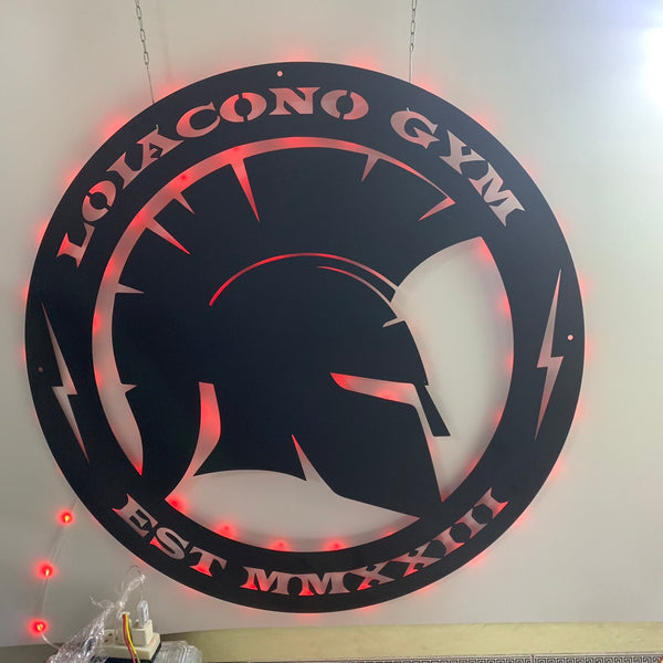 Spartan Helmet Monogram Metal Wall Art With Led Lights, Custom Spartan Warrior Metal Sign, Custom Spartan Logo Metal Wall Led Decor
