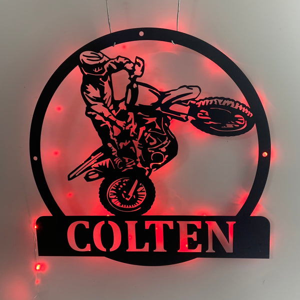 Custom Dirt Bike Metal Wall Art With Led Light, Personalized Motorcycle Biker Metal Name Sign, Motocross Rider Metal Wall Led Sign Decor