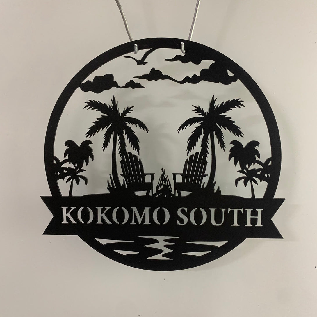 Custom Palm Tree Lake House Metal Wall Art, Forest Lake Scene Cabin Laser Cut Metal Sign, Personalized Poolside Lake House Family Name Metal Sign