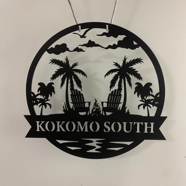 Custom Palm Tree Lake House Metal Wall Art, Forest Lake Scene Cabin Laser Cut Metal Sign, Personalized Poolside Lake House Family Name Metal Sign