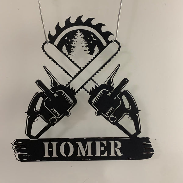 Personalized Lumberjack Chainsaw Name Metal Sign, Custom Wood Shop Metal Wall Hanging, Woodworker Man Cave Metal Wall Art, Forrest Worker Metal Sign