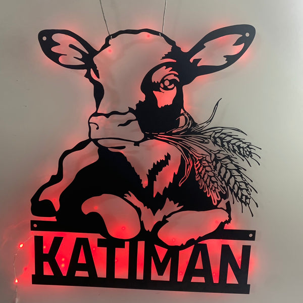 Custom Dairy Cow Farmhouse Metal Wall Art With Led Light, Personalized Dairy Cow Metal Name Sign, Cow With Barley Metal Sign, Calf Metal Wall Sign