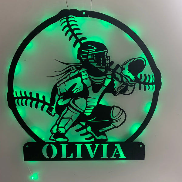 Custom Softball Catcher Metal Wall Art With Led Lights, Personalized Baseball Player Metal Name Sign, Softball Sport Metal Wall Led Sign Decor