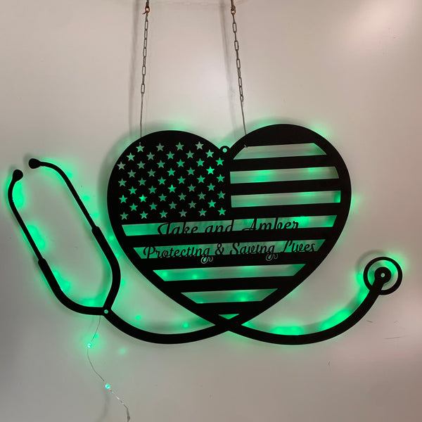 Usa Flag Heart Line Stethoscope Metal Wall Art Led Light, Law Enforcement And Health Care Metal Wall Sign, Heart Stethoscope Nursing Metal Sign