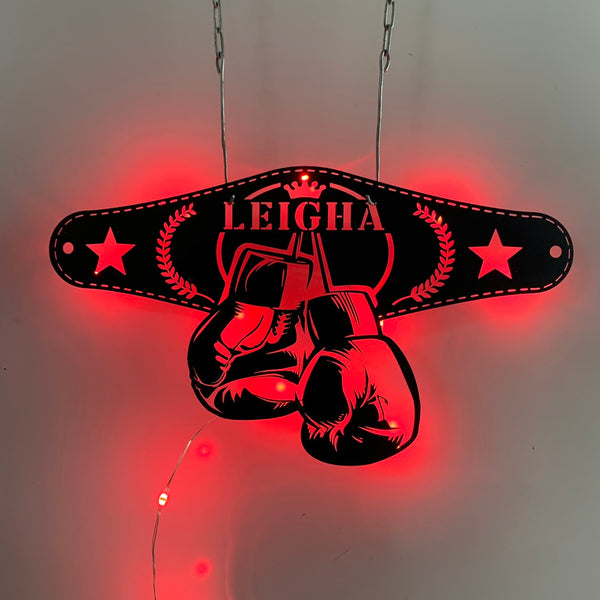 Custom Boxing Gloves Metal Wall Art With Led Light, Personalized Boxer Metal Name Sign, Boxing Gym Room Decoration Man Cave Metal Wall Sign