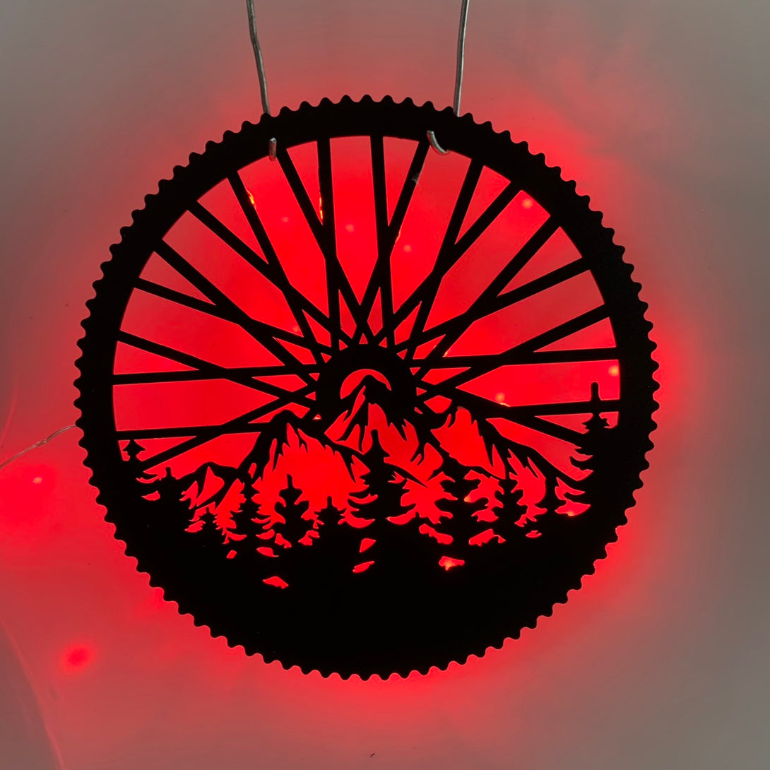 Mountain Bike Metal Wall Art With Led Lights, Bicycle Wheel Mountain Scene Metal Wall Hanging, Mountain Bicycle Man Cave Garage Metal Sign
