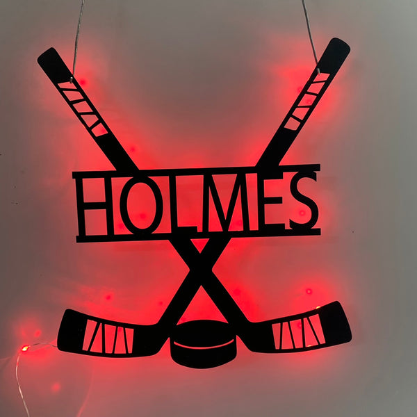 Custom Hockey Sticks Metal Wall Art Led Light, Personalized Ice Hockey Player Metal Name Sign, Hockey Sport Metal Wall Led Decor