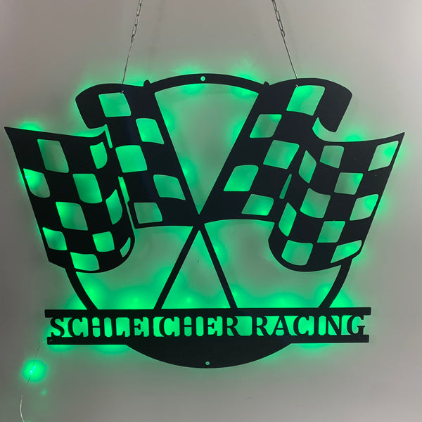 Custom Racing Flag Metal Wall Art With Led Light, Personalized Racing Flag Metal Sign, Go Kart Racing Man Cave Garage Metal Wall Sign