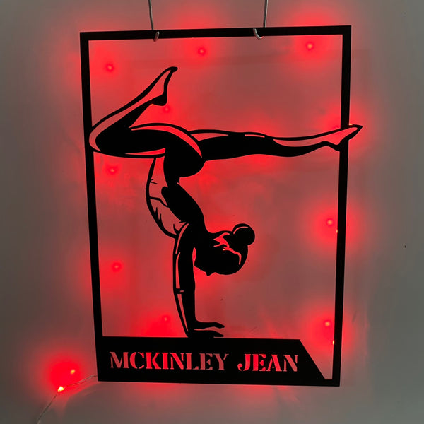 Custom Female Gymnastics Metal Wall Art Led Light, Personalized Girl Gymnast Metal Name Sign, Gymnastics Sport Kid Room Metal Wall Led Sign