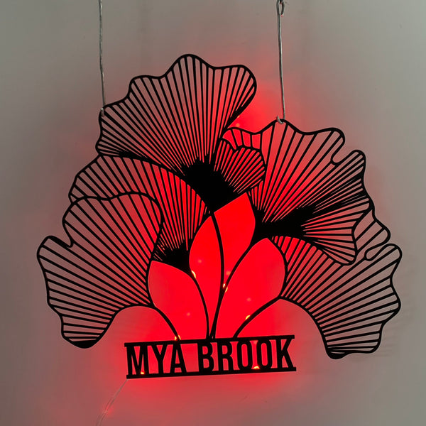 Custom Metal Ginkgo Biloba Leaf Flower Wall Art With Led Light, Personalized Ginkgo Leaves Metal Name Sign, Ginkgo Biloba Led Metal Wall Decor