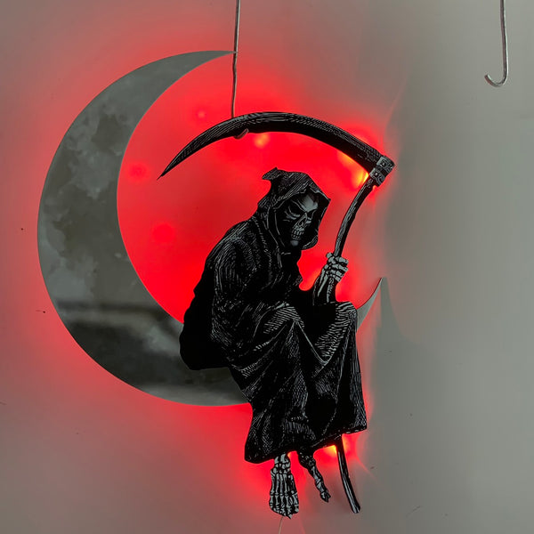 Grim Reaper Metal Wall Art With Led Light, Grim Reaper On The Moon Hanging Metal Sign, Halloween Gothic Reaper Bathroom Decor, Halloween Wall Decor