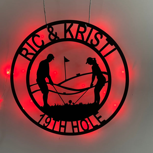 Custom Golf Metal Sign With Led Light, Personalized Couple Golfer Name Sign, Golf Metal Wall Art, 19th Hole Metal Sign, Golf Monogram Metal Sign