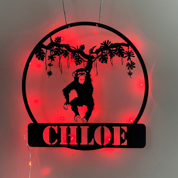 Personalized Hanging Chimp Monkey Metal Wall Art Led Lights, Custom Chimp Monkey Metal Name Sign, Funny Monkey Kids Nursery Metal Sign