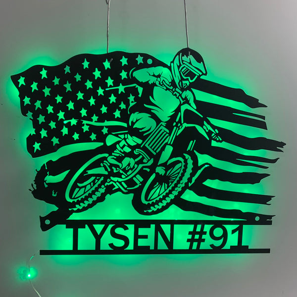 Custom Us Flag Dirt Bike Metal Sign Led Light, Dirt Bike Metal Wall Art, Personalized Biker Name Metal Sign, Motocross Sport Metal Wall Decor