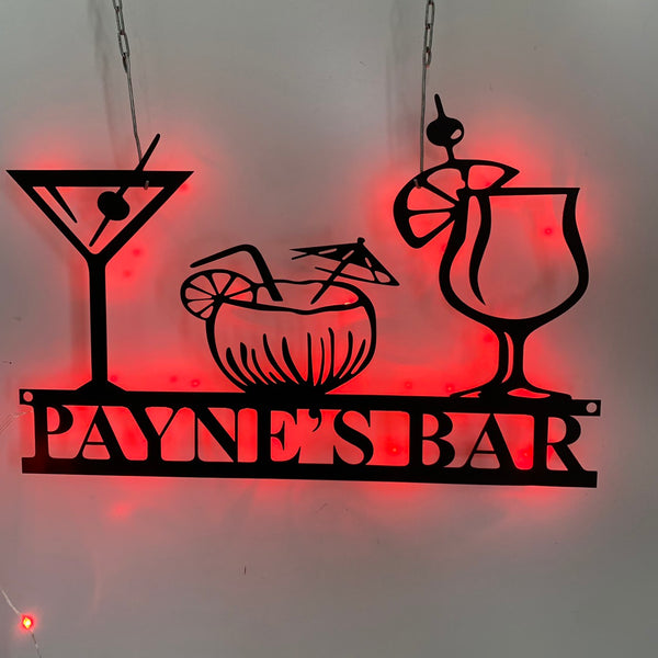 Custom Metal Cocktail Bar Sign With Led Lights, Personalized Bar Theme Cocktail Metal Name Sign, Custom Bar Sign Metal Wall Art Decor