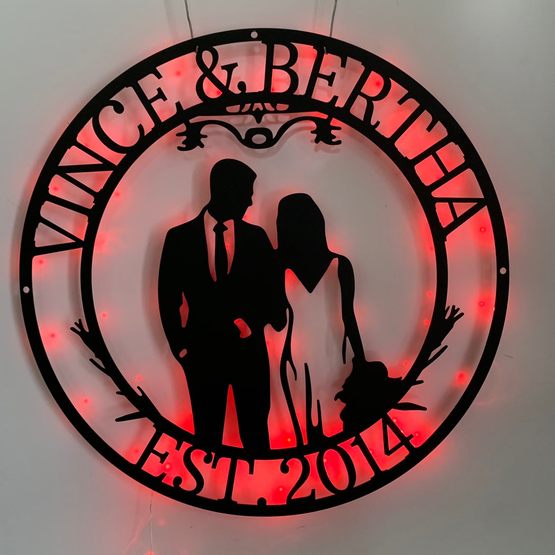 Custom Wedding Metal Wall Art With Led Lights, Personalized Family Couple Name Metal Sign, Wedding Bride And Groom Metal Wall Sign