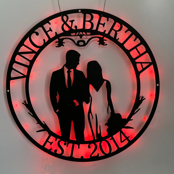 Custom Wedding Metal Wall Art With Led Lights, Personalized Family Couple Name Metal Sign, Wedding Bride And Groom Metal Wall Sign