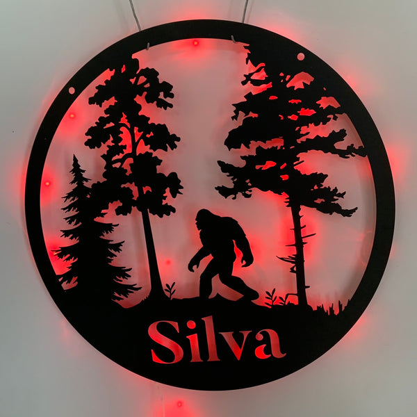 Bigfoot Walking In The Forest Metal Wall Art With Led Lights, Personalized Sasquatch Metal Sign, Walking Bigfoot Lodge Cabin Metal Wall Decor