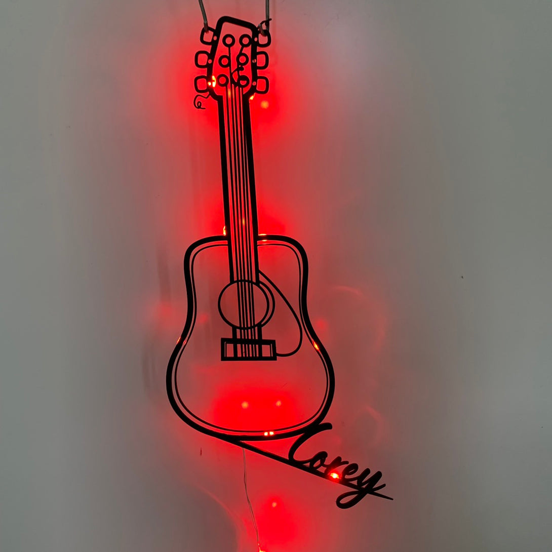 Custom Guitar Metal Wall Art With Led Lights, Personalized Guitarist Metal Name Sign, Guitar Metal Line Art, Guitar Music Metal Wall Led Sign