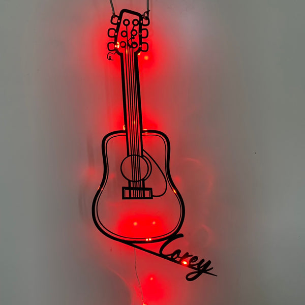 Custom Guitar Metal Wall Art With Led Lights, Personalized Guitarist Metal Name Sign, Guitar Metal Line Art, Guitar Music Metal Wall Led Sign