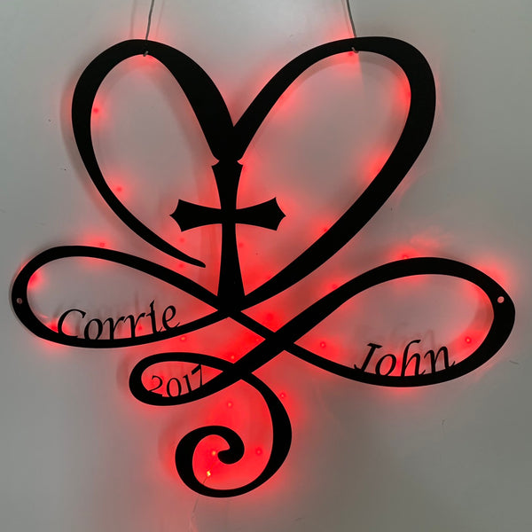 Custom Infinity Heart With Cross Metal Wall Art Led Light, Personalized Infinity Heart Symbol Metal Name Sign, Cross Metal Wall Hanging Led Decor