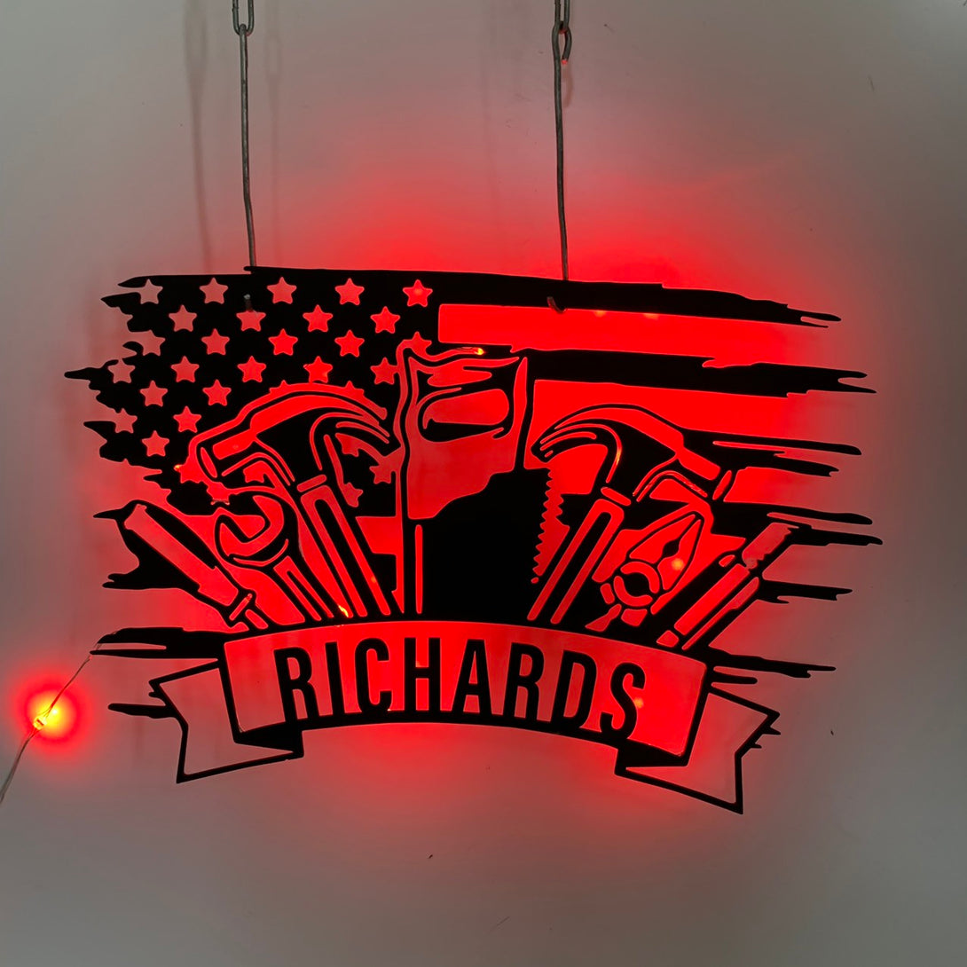 Custom Us Flag Tools Repair Metal Wall Art Led Light, Personalized Mechanic Tools Metal Name Sign, Mechanic Tools Repair Service Wall Led Sign
