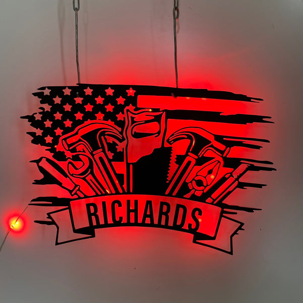 Custom Us Flag Tools Repair Metal Wall Art Led Light, Personalized Mechanic Tools Metal Name Sign, Mechanic Tools Repair Service Wall Led Sign