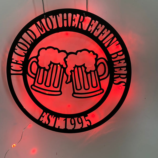 Custom Beer Bar Metal Wall Art With Led Lights, Personalized Beer Mug Cheers Metal Name Sign, Drink Bar Pub Man Cave Metal Led Sign