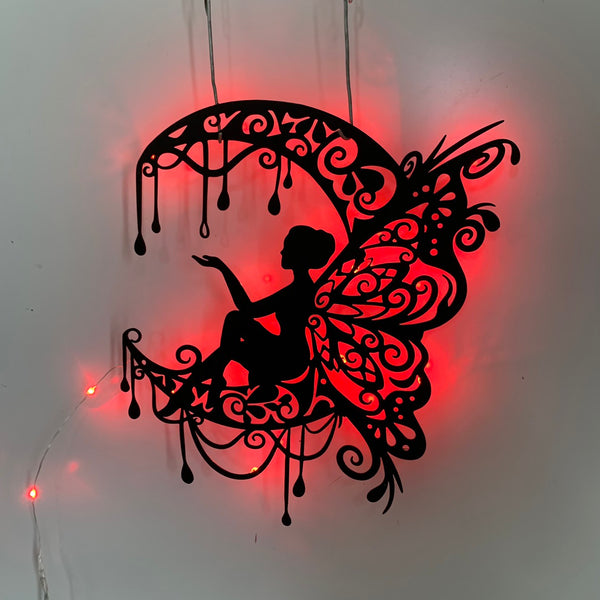 Custom Fairy On Moon Metal Wall Art Led Lights, Personalized Fairy Metal Name Sign, Fairy Garden Metal Wall Hanging Kids Room Sign