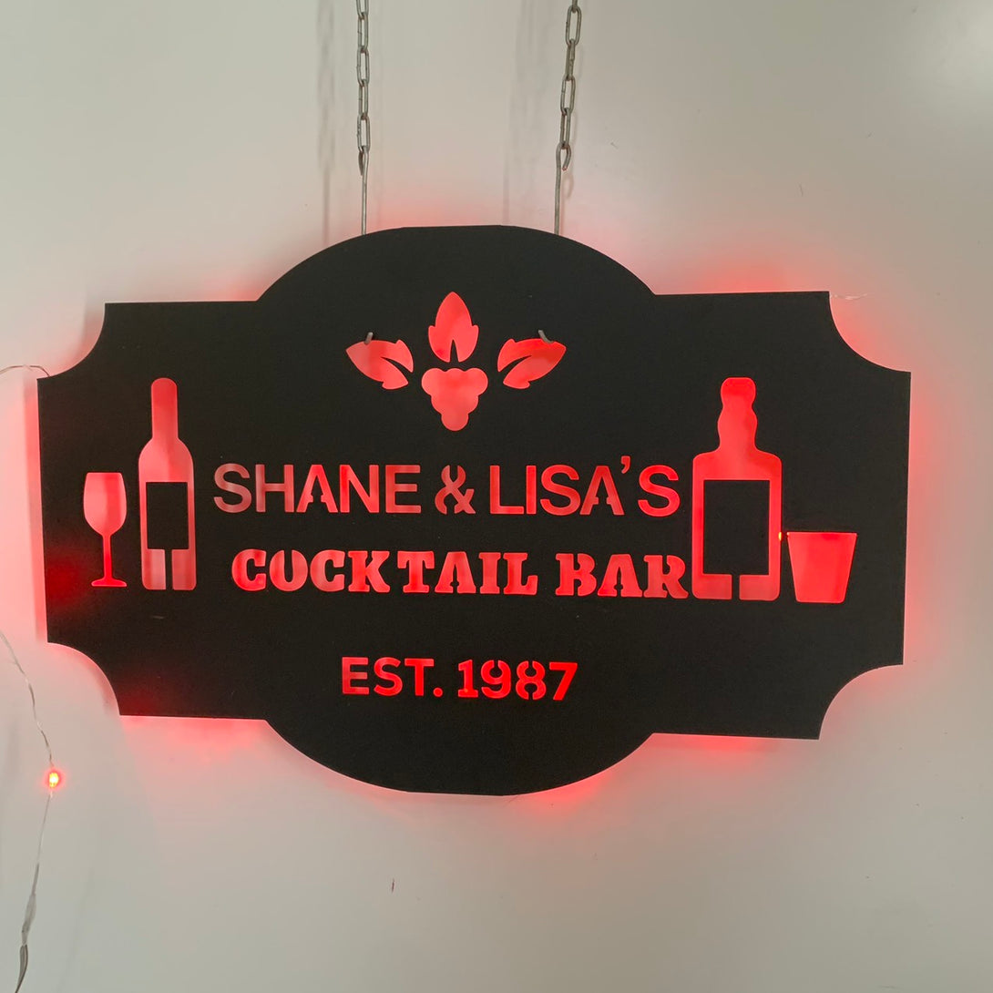 Custom Cocktail Bar Metal Sign With Led Lights, Personalized Wine Bar Pub Metal Name Sign, Custom Bar Sign Metal Wall Art Decor