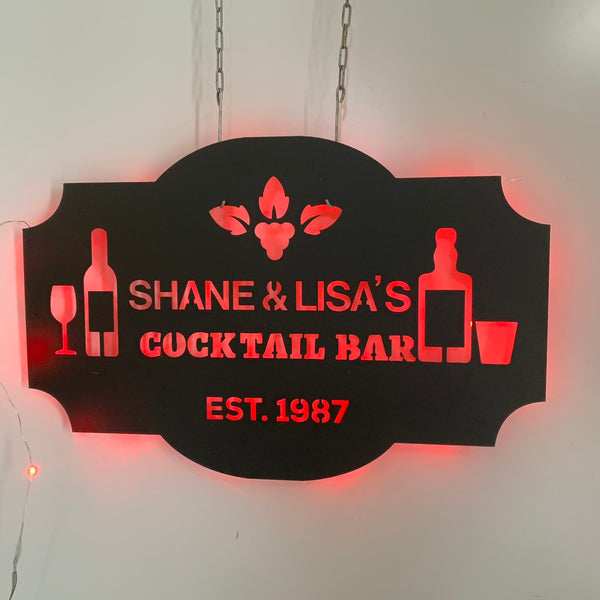 Custom Cocktail Bar Metal Sign With Led Lights, Personalized Wine Bar Pub Metal Name Sign, Custom Bar Sign Metal Wall Art Decor