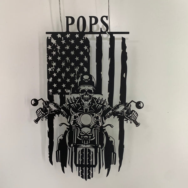 Custom Us Flag Skull Motorcycle Metal Wall Art, Personalized Biker Metal Name Sign, Motorcycle Metal Sign, Custom Garage Workshop Metal Wall Sign