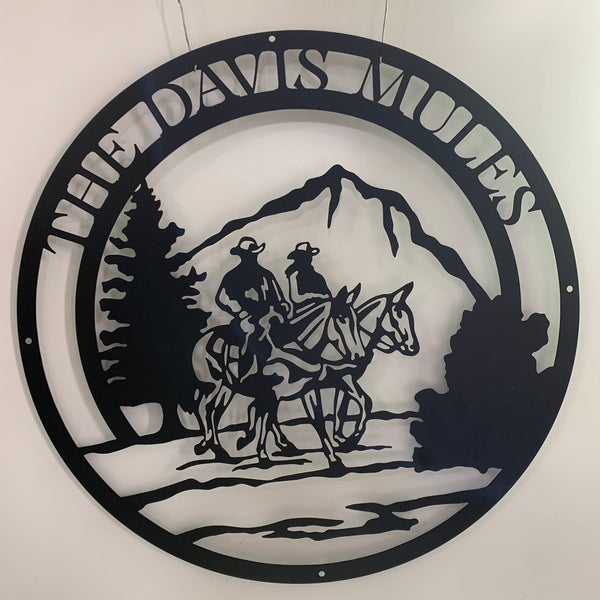 Custom Saddled Mule And Rider Metal Ranch Sign, Mountain Cowboy Family Name Metal Sign, Personalized Western Cowboy Metal Sign Wall Decor