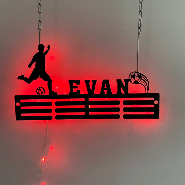 Custom Soccer Medal Holder With Led Light, Medal Holder Display Rack For Awards And Ribbons, Tiered Award Rack, Soccer Sports Medal Hanger With Name