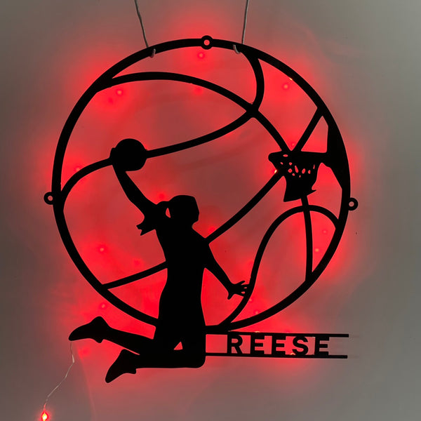 Custom Female Basketball Metal Wall Art With Led Light, Personalized Basketball Player Metal Name Sign, Basketball Sport Metal Wall Led Decor