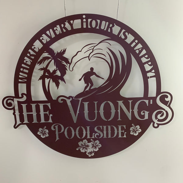 Personalized Metal Poolside Sign, Tropical Palm Tree Sufing Pool Metal Sign, Custom Welcome Poolside Bar Metal Sign, Patio Backyard Sign