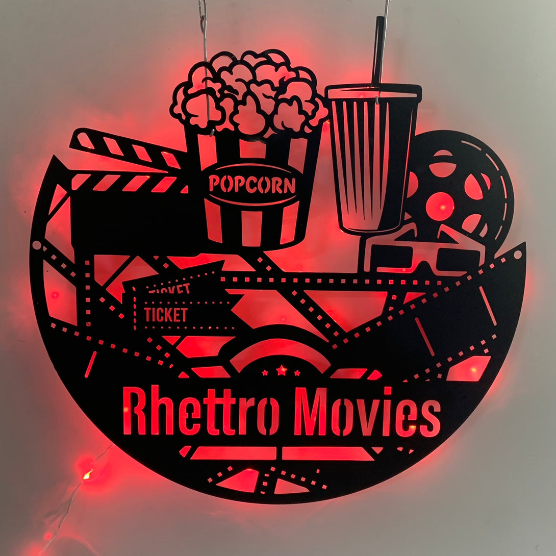 Custom Movie Theaters Home Cinema Metal Sign With Led Light, Personalized Cinema Led Metal Wall Art, Family Cinema Movie Theater Metal Name Sign