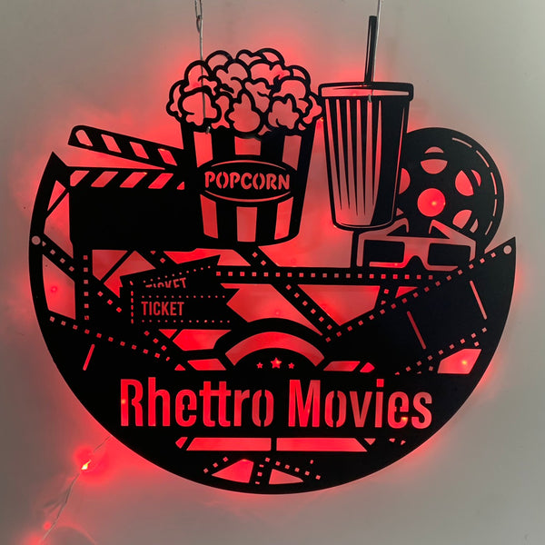 Custom Movie Theaters Home Cinema Metal Sign With Led Light, Personalized Cinema Led Metal Wall Art, Family Cinema Movie Theater Metal Name Sign