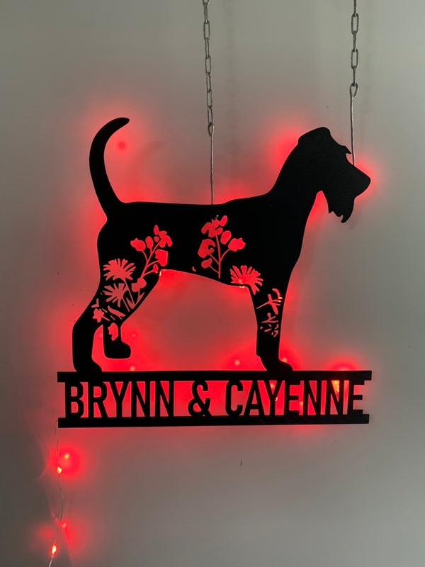 Custom Floral Irish Terrier Metal Wall Art Led Lights, Personalized Wild Flower Dog Lover Metal Name Sign, Pet Animal Metal Wall Led Sign