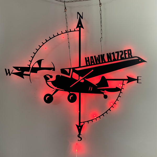 Personalized Aviation Compass Metal Wall Art With Led Lights, Custom Aircraft Pilot Metal Name Sign, Compass Aviation Cabin Metal Decoration
