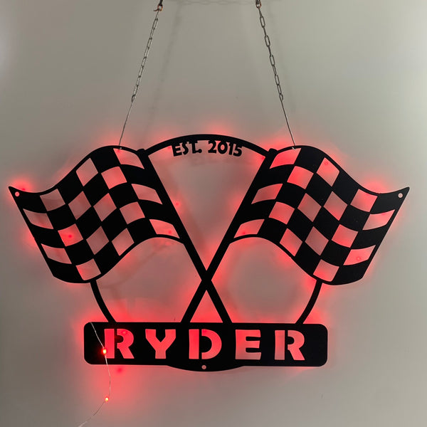Custom Racing Flag Metal Wall Art With Led Light, Personalized Racing Flag Metal Sign, Go Kart Racing Man Cave Garage Metal Wall Sign