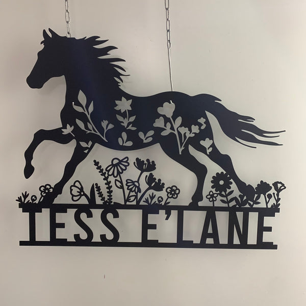 Custom Floral Horse Farmhouse Metal Wall Art, Personalized Horse Flower Metal Name Sign, Horse Barn Farm Kids Room Nursery Metal Sign